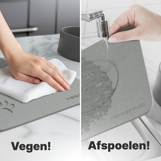 Hand veegt grijze mat schoon met witte doek. Andere afbeelding: water stroomt over grijze mat bij kraan.