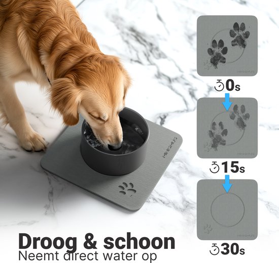 Hond drinkt uit grijze kom op grijze mat. Drie afbeeldingen tonen absorberend vermogen: 0, 15 en 30 seconden.
