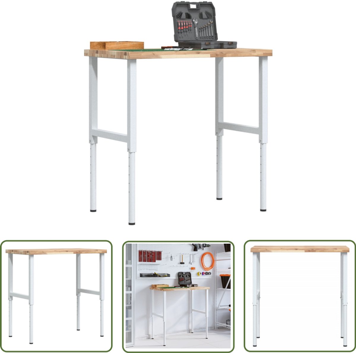 The Living Store Werkbank rechthoekig 100x60x(73-99,5) cm massief acaciahout - Werkbank - Houten Werkbank - Acacia Houtsoort - Metalen Poten - Regolabele Hoogte