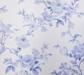 retro bloemen behang blauw wit - bloemetjes vliesbehang met bladeren