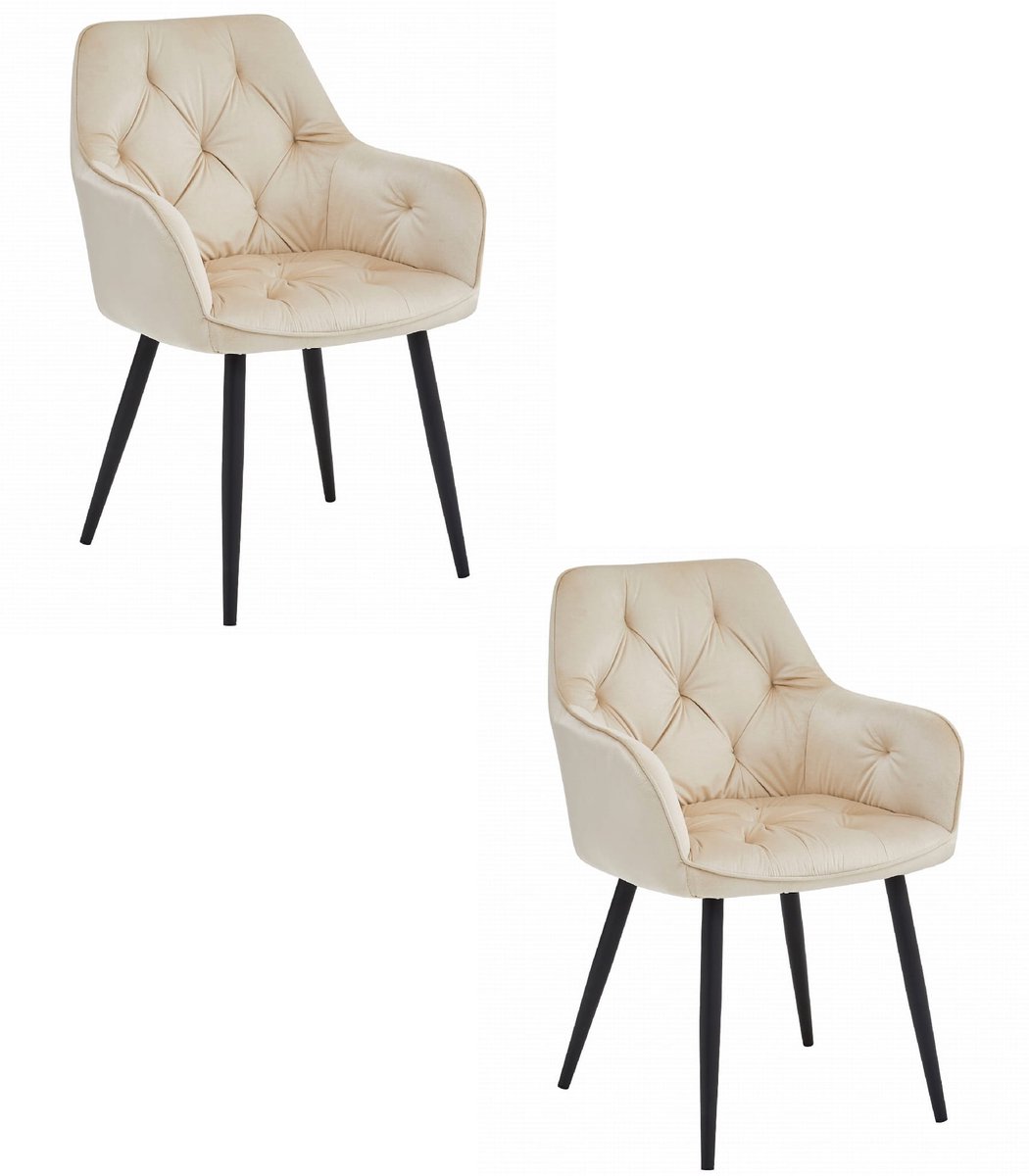 LEOBERT Set van 2 - Stoel JORK - Beige Velvet - Zwarte Metaalpoten - Luxe Eetkamerstoel - Fauteuil - Met Armleuning - Modern Design - Elegant en Comfortabel voor Woonkamer, Keuken of Eetkamer - Max. 110 kg