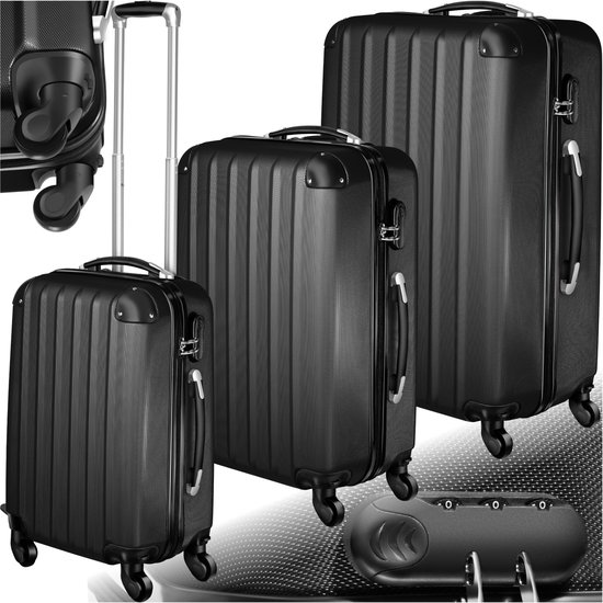 tectake® Ensemble de valises 3 pièces - Valises ABS avec coque rigide - Serrure à combinaison TSA - Ensemble de bagages avec valise à main (37L) et bagages enregistrés Grande valise (58L et 93L) - Noir