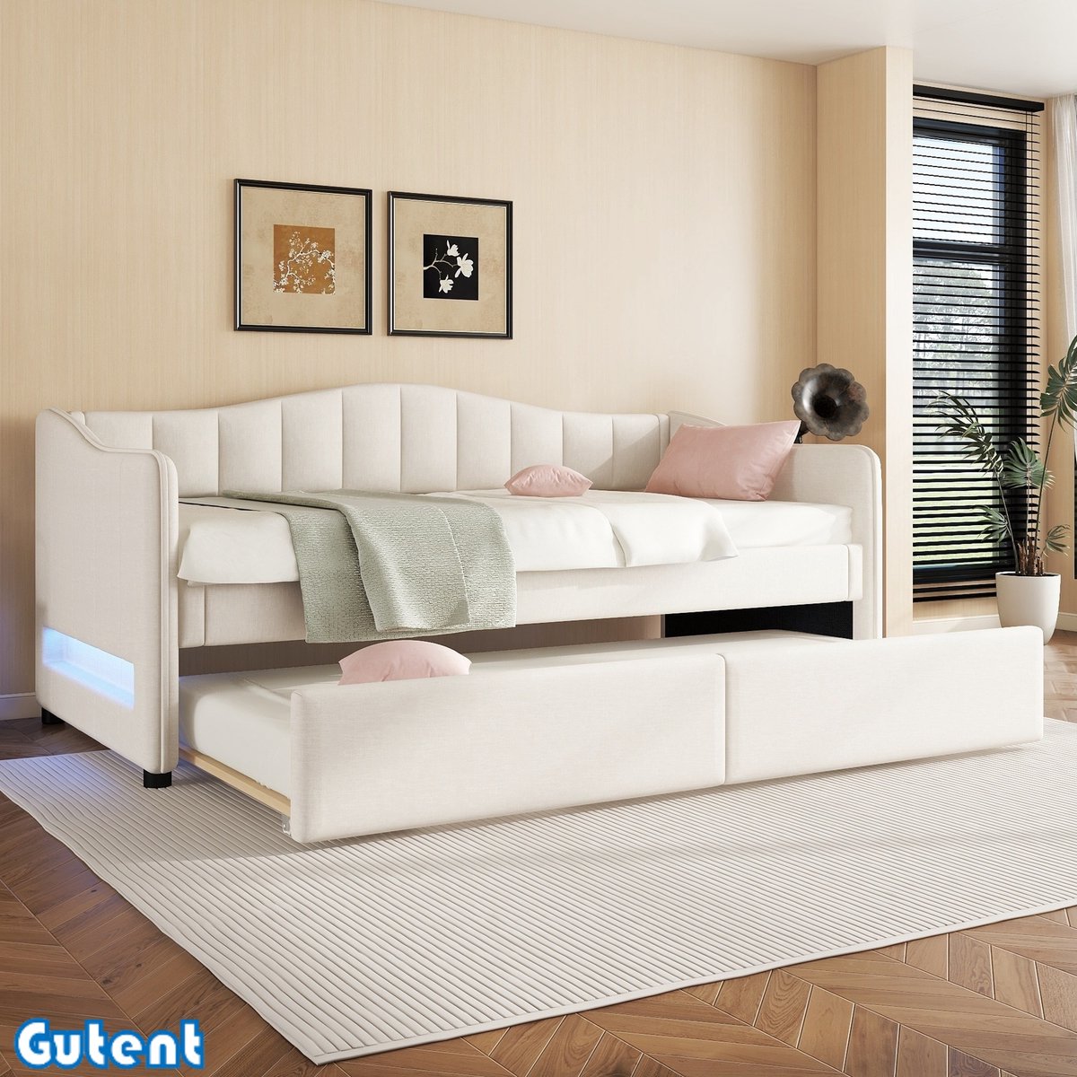 Gutent Slaapbank - 90x200 cm - met uitschuifbaar bed - zonder matras - Ambient Light design - Linnen - Beige
