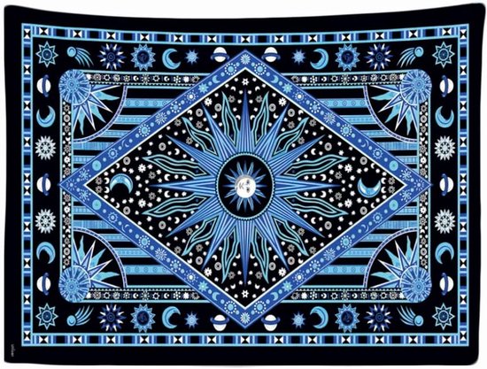 Ulticool - Bohemian Blauw Hippie Sun Moon - Tapisserie - 200x150 cm - Groot tapisserie - Affiche