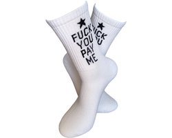 Fuck You pay me Sokken - Geld sokken - Verjaardag cadeau - Vrolijke sokken - Witte sokken - Tennis sokken - Sport sokken - Money - Valentijns cadeau - Sokken met tekst - Aparte sokken - Grappige sokken - Sokken maken Happy - Maat 37-44