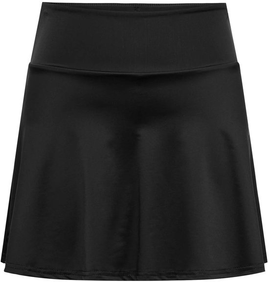 Mini-jupe de sport noire, brillante, à ourlet évasé et ceinture haute élastique.