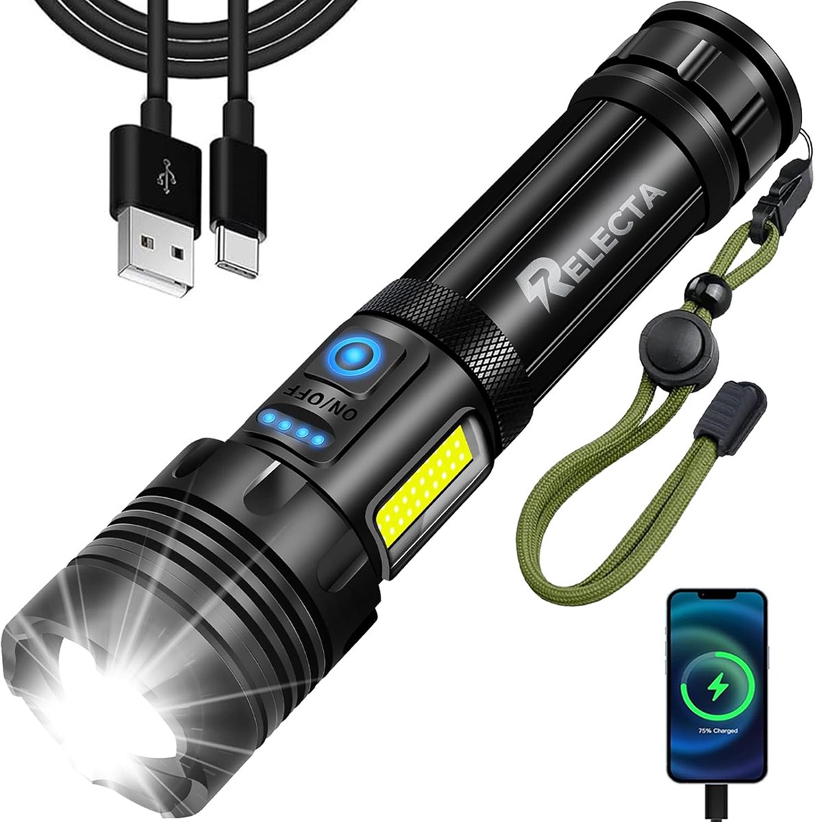 Brinyte T28 Zoom Led-zaklamp, 3 kleuren in één (rood, wit, groen), tactische zaklampen, oplaadbaar, extreem heldere handlamp met traploze dimmer