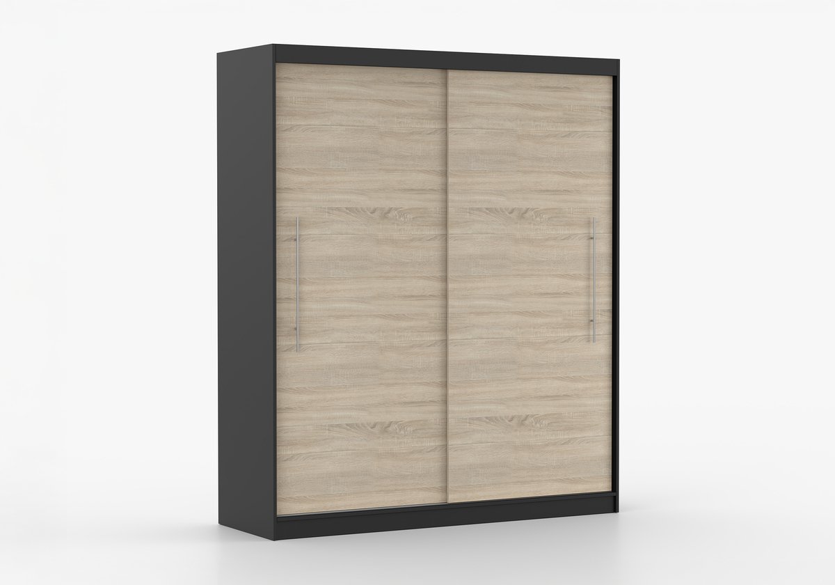 AJE Meubles B.V. Kledingkast NICO II 203 cm - 2-deurs schuifdeurkast met kledingstang - Garderobekast met ruime opbergruimte - Moderne kast voor slaapkamer en hal (Zwart + Sonoma)