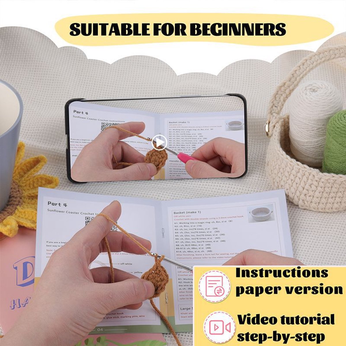 All-in-One Haakpakket Zonnebloem Onderzetters – DIY gehaakte bloemen onderzetters – Compleet met garen, haaknaald & patroon — afbeelding 3