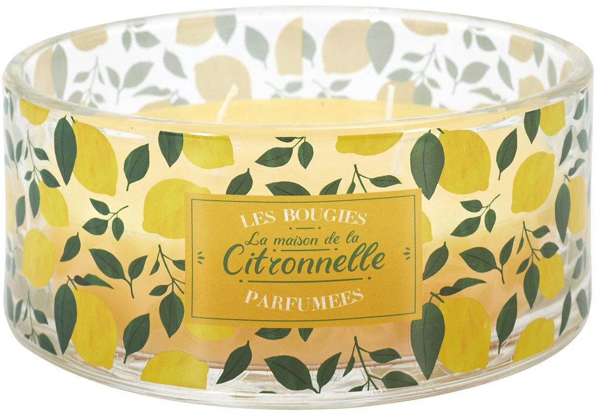 Citronella Geurkaars tegen Muggen – Ø 19 cm – Buitenkaars met Citroengeur – Glazen Pot met 3 Lonten – Anti-Mug Kaars voor Tuin & Terras – Zomerse Zeste