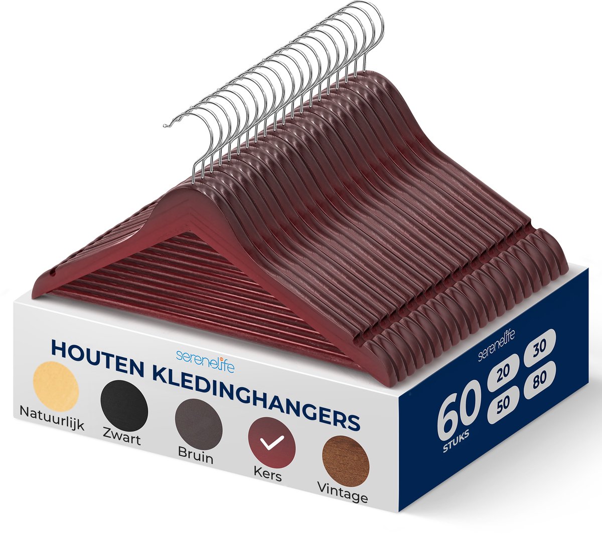 SereneLife Kleerhanger - 60 Stuks Houten Hangers - Antislip Ruimtebesparende Kledinghangers - met 360° Draaibare Haak en Inkepingen - Duurzaam en Sterk voor Hemden, Truien, Hoodies, en Jurken