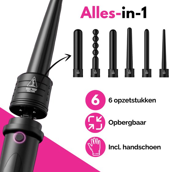Zwarte krultang met 6 opzetstukken: 3 bollen, 2 rechte en 2 conische. Inclusief opberghoes en handschoen.