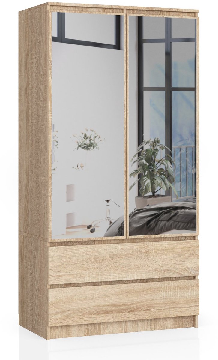 Akord Kledingkast S90 met Spiegel 2 Deuren en 2 Lades / AKORD Furniture Factory / Sonoma Eik / 90 x 180 x 51 cm