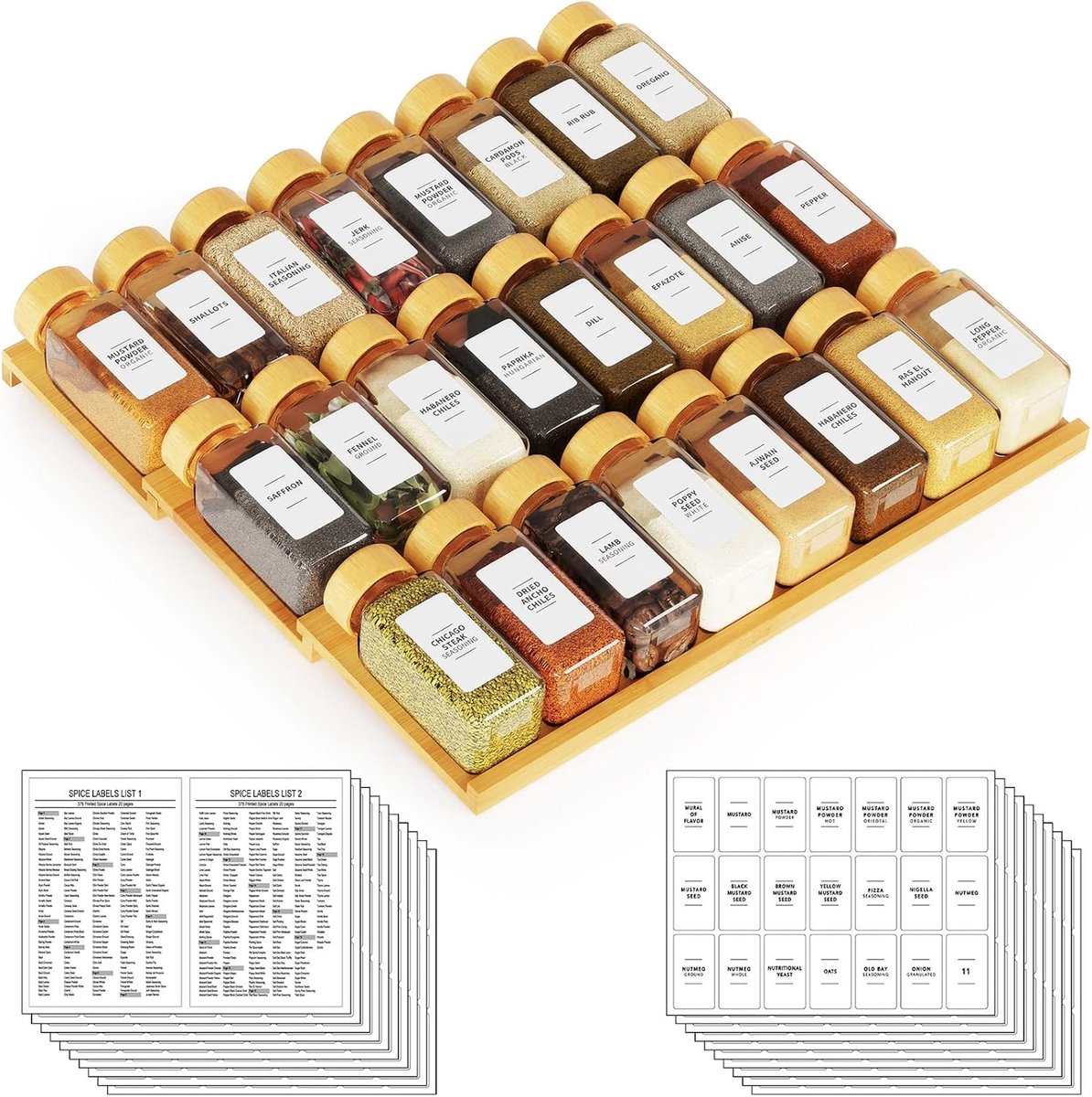 Bamboe kruidenlade organizer met 24 kruidenpotten en 378 etiketten - 3-laags kruidenrek voor keukenladen