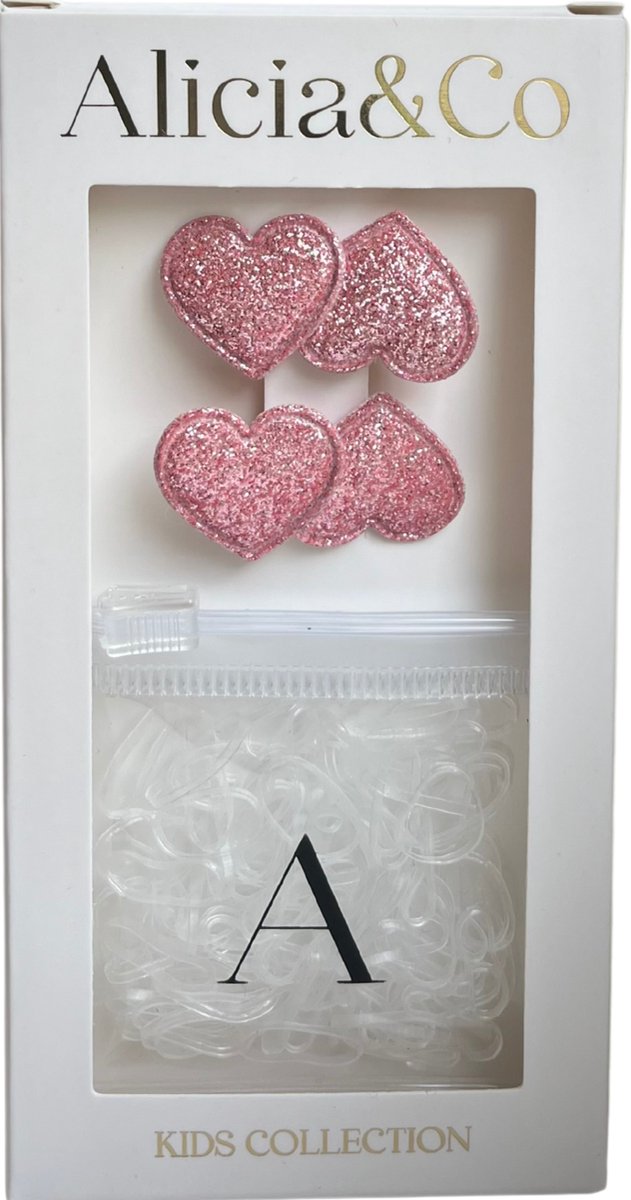 Alicia&Co – Tiny Tie & Heart Set – Pink Glitter - Set van 2 kleine alligator haarclips en 1 zakje met kleine transparante haarelastiekjes - cadeau - kraamcadeau - haarspelden & clips - haarelastiekjes kind - haarspeldje kind - haarspeldje baby