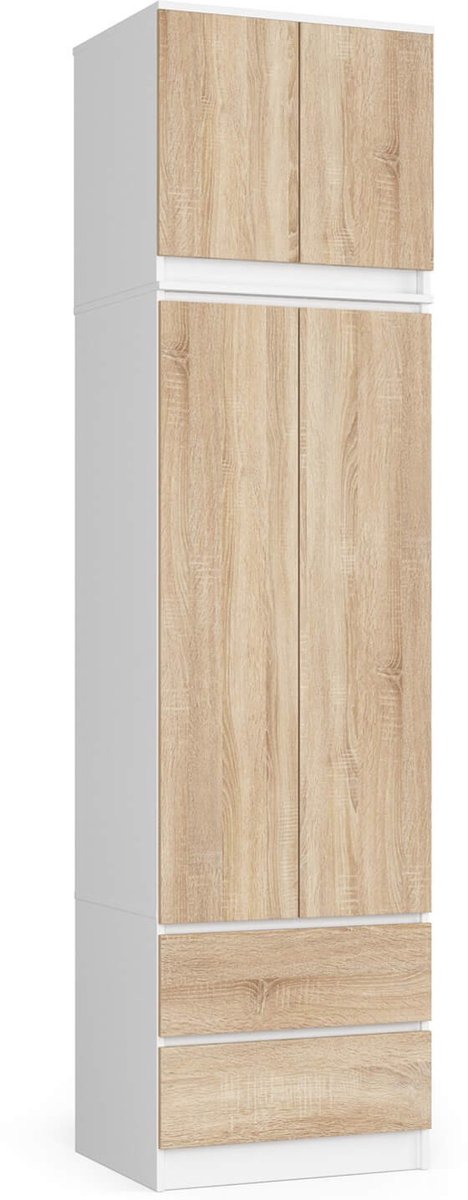 Kledingkast STAR S60 met Opzetstuk, 2 Deuren en 2 Lades / AKORD Furniture Factory / Wit – Sonoma Eik / 60 x 234 x 51 cm