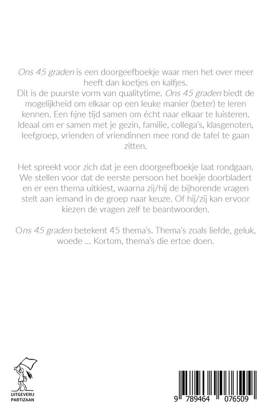Rug van een boekje met tekst 'Ons 45 graden'. Boekje gaat over quality time, gesprekken en vragen. Auteur: Kobe Lecompte. Illustraties: Joyce Thys.