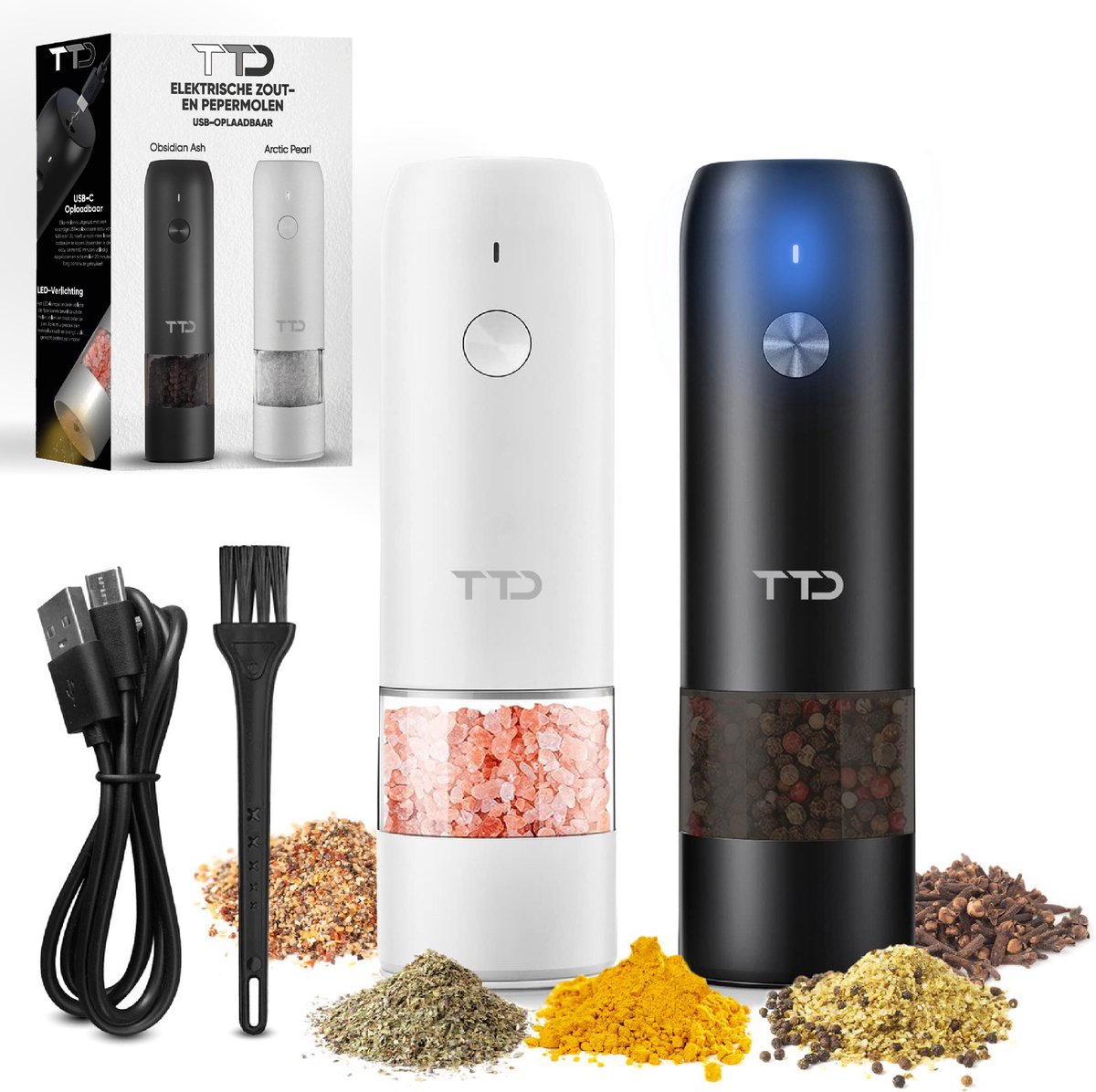 TTD® Premium Zout en Pepermolen Set Elektrisch - 45ml Capaciteit - USB-oplaadbaar - Peper en Zoutmolen set - Kruidenmolen - Zoutmolen - Pepermolen - Peper en Zoutmolen Oplaadbaar - Verstelbare maalgraad - LED-verlichting - 2 stuks - Zwart & Wit