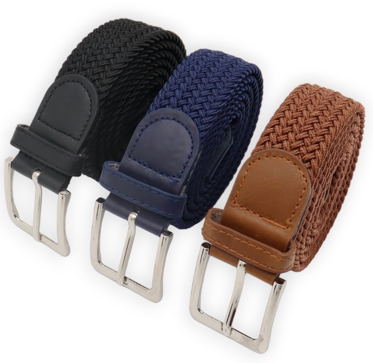 120 cm - Elastische broekriem Stretch riem Vlecht riem Gevlochten riem Elastiek riem - unisex - Kleur 1-Blauw 2-Cognac 3-Zwart 3 pack deal van JVS bags