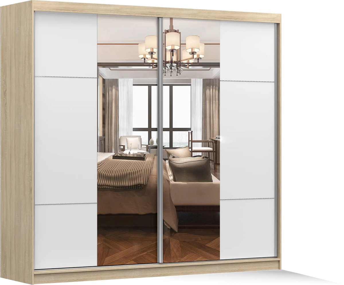 Schuifdeurkast BEN 38 – 2-deurs kledingkast met spiegel, legplanken en kledingroede – modern design – 233x218x61 cm - BEN 38 (Sonoma + Wit)
