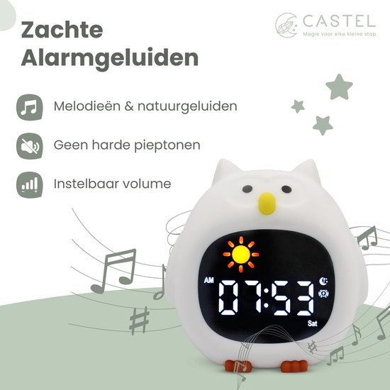 Castel Kinderwekker en Slaaptrainer Uil - Digitale Wekker met White Noise, Nachtlamp, Dimbaar LED Display en Instelbaar Meerkleurig Licht - USB Oplaadbaar van castel — afbeelding 3