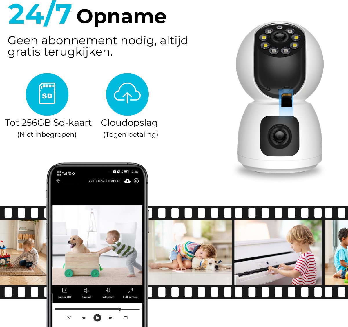 Afbeelding 3 van Camux DualVision Beveiligingscamera Binnen - 2MP Full HD Camera met Nachtzicht - Babyfoon - Baby monitor - Huisdiercamera met app - Hondencamera - Petcam