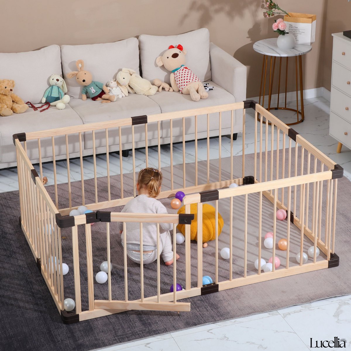 Lucellia® Prime Wood - Grondbox Baby - Speelbox & Kinderbox Hout – Vast Model – Slim Kliksysteem – Zwarte Connectoren – Verstelbaar 120x160 cm & 140x140 cm – EU Gecertificeerd