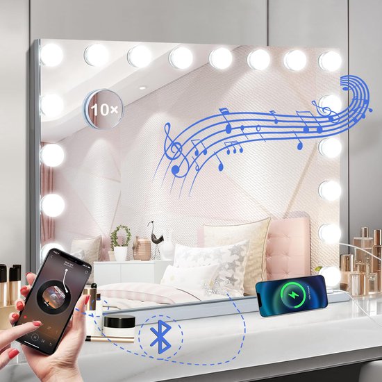 Miroir Hollywood Royals avec Siècle des Lumières - Miroir de maquillage - Enceintes Bluetooth - Éclairage LED 18x - Zoom 10x - 3 modes d'éclairage - Smart Touch - miroir hollywoodien - 80 x 60CM