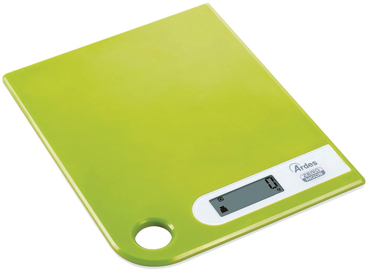 Digitale keukenweegschaal moderne stijl - maximaal 5 kg - groen staal - met ophanggat.