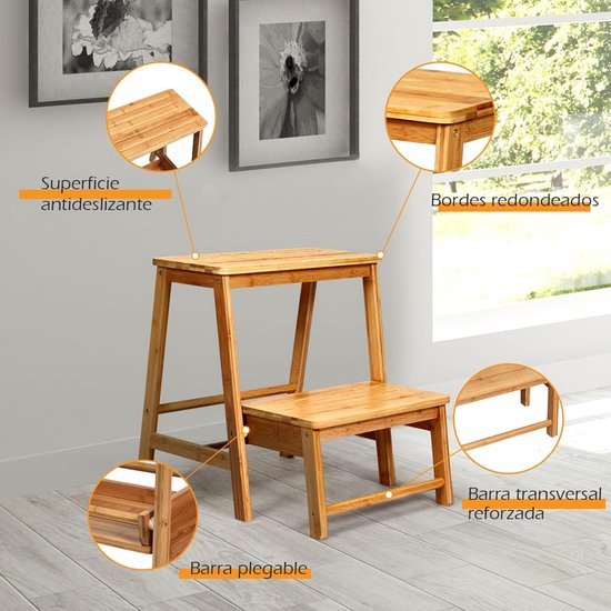 COSTWAY Opstapkruk met 2 treden, inklapbaar, tot 100 kg belastbaar, 48 cm hoog, trapstoel van bamboe, huishoudladder, naturel, krukladder voor bibliotheken of thuis van Costway — afbeelding 2