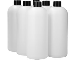 6 x 1000 ml ronde fles HDPE wit + Schroefdop zwart - BPA Vrij - Niet Breekbaar - Plastic Flesjes Navulbaar - Met Dop - Lege Flessen - 6 stuks.