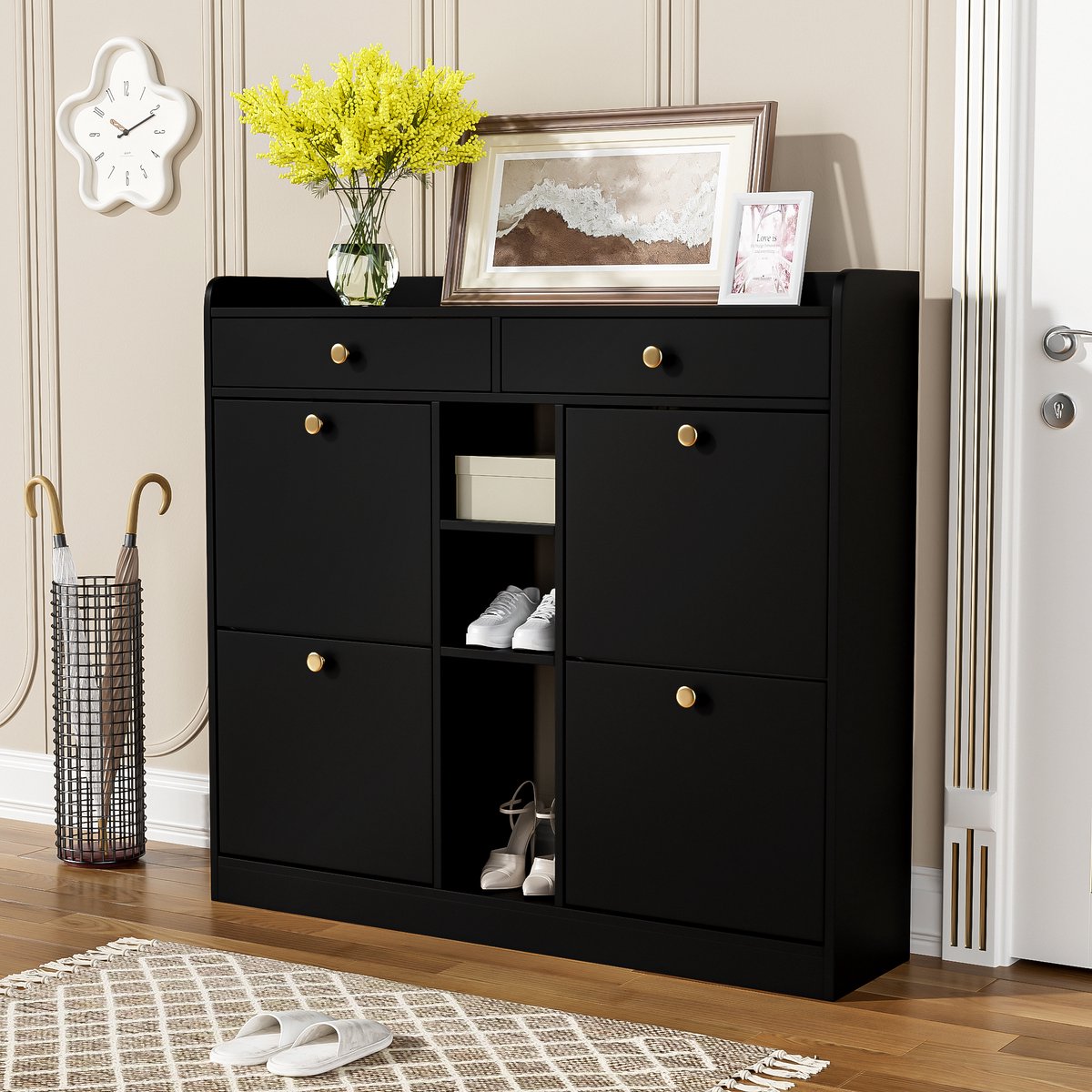 Edele zwarte schoenenkast met 4 scharnierdeuren, 2 lades, 3 open vakken - perfect voor moderne gangen en entrees, afmetingen 110 x 26 x 100 cm