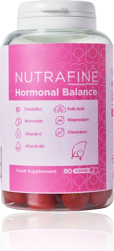 Fles Nutrafine Hormonal Balance met 60 rode gummies. Het roze etiket toont ingrediënten zoals paardenbloem, bromelaïne, vitamine C, B6, foliumzuur, magnesium en chroom.