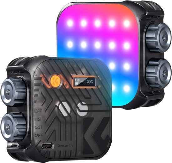 K&F Concept 60 LED RGB-videolamp, 360° full colour draagbare fotolamp, 2500K -9900K CRI 96 , met 21 lichteffecten, minicameralamp met 2000mAh-batterij voor vloggen, selfie, fotografie, blauw