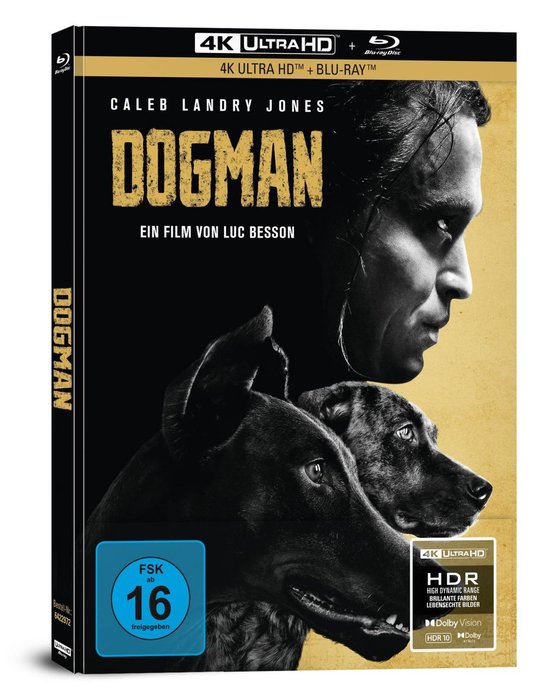 4K Ultra HD Blu-ray cover voor de film Dogman, met close-up van hoofdrolspeler Caleb Landry Jones en twee honden.