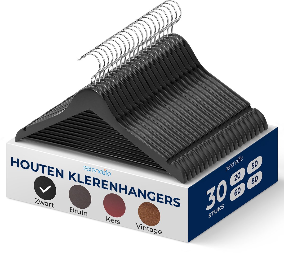 SereneLife Kleerhanger - Houten Hangers - Antislip Ruimtebesparende Kledinghangers - met 360° Draaibare Haak en Inkepingen - 30 Stuks - Duurzaam en Sterk voor Hemden, Truien, Hoodies, en Jurken