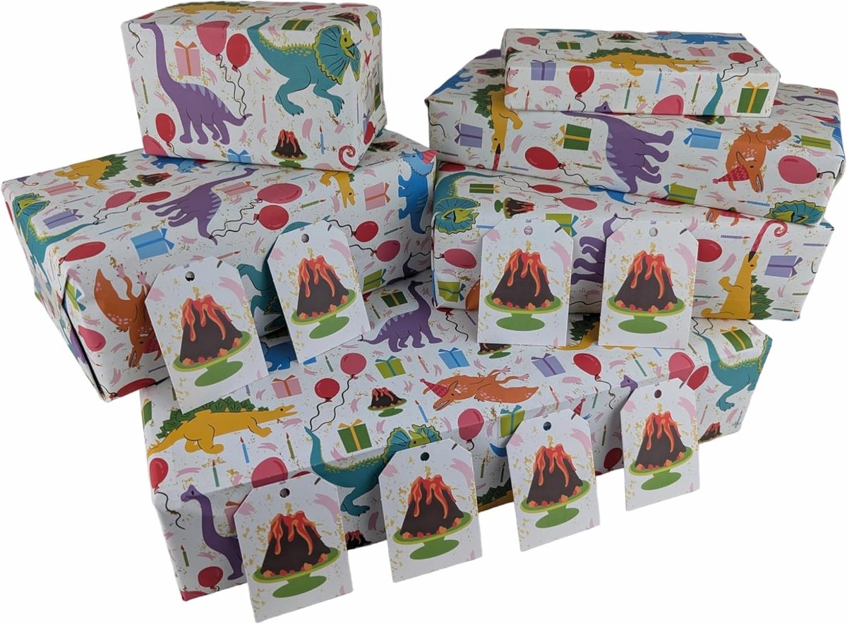 Milieuvriendelijk inpakpapier met dino's - 5 vellen en 8 cadeaulabels voor kinderen