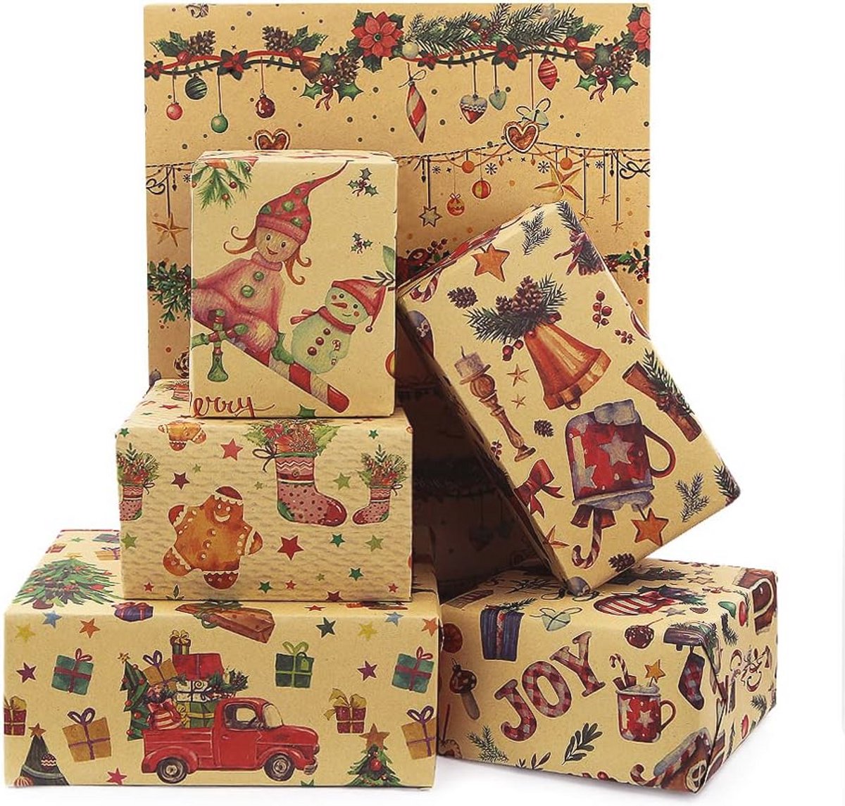 Kerst Cadeaupapier Set - 12 Vellen Recyclebaar Kraft Inpakpapier voor Festiviteiten