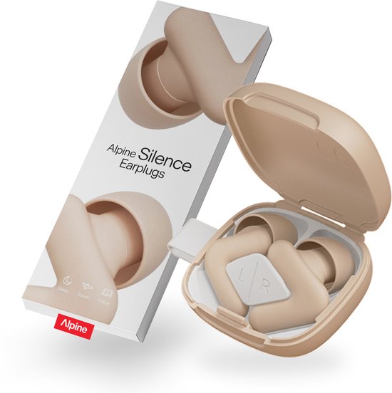 Alpine Silence Oordoppen - Oordoppen slapen - Vlieg oordoppen - voor Slapen, Focus & Reizen - Comfortabele, Herbruikbare Gehoorbescherming - Nauwsluitende V-vorm & Zachte Ovale Tips – 4 Maten XS/S/M/L – Tot 25dB Geluidsdemping – Beige