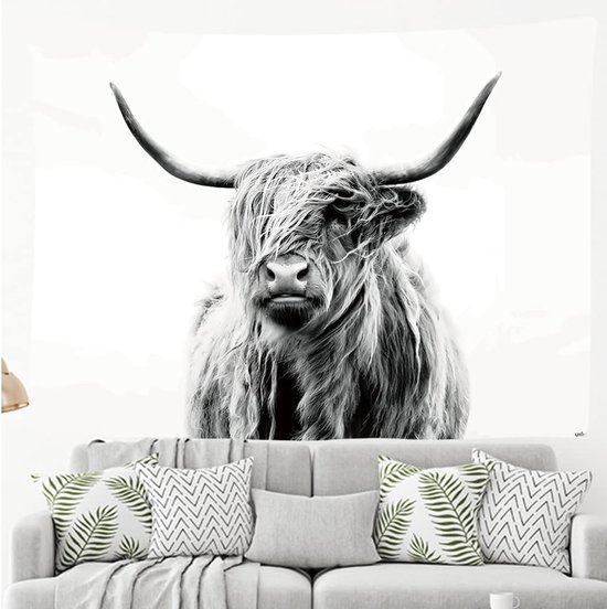 Ulticool Wandkleed 200x150 cm – Schotste Hooglander Koe Zwart Wit – Met Bevestigingspinnen - voor Binnen - Aesthetic Room Decor Wandtapijt Decoratie Poster Boho Wanddoek Slaapkamer Natuur Schilderij Canvas - Vrouw Man Tiener Meisje
