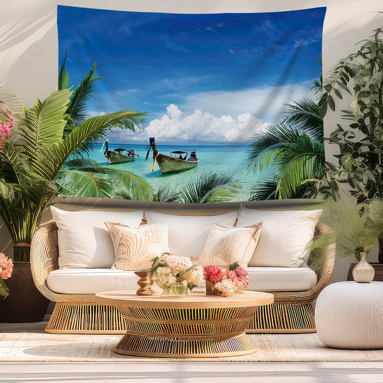 Ulticool - Plage Mer Bateau Palmier Nature - Affiche Tapisserie - 200x150 cm - Groot tapisserie - Affiche Jardin Tapisserie