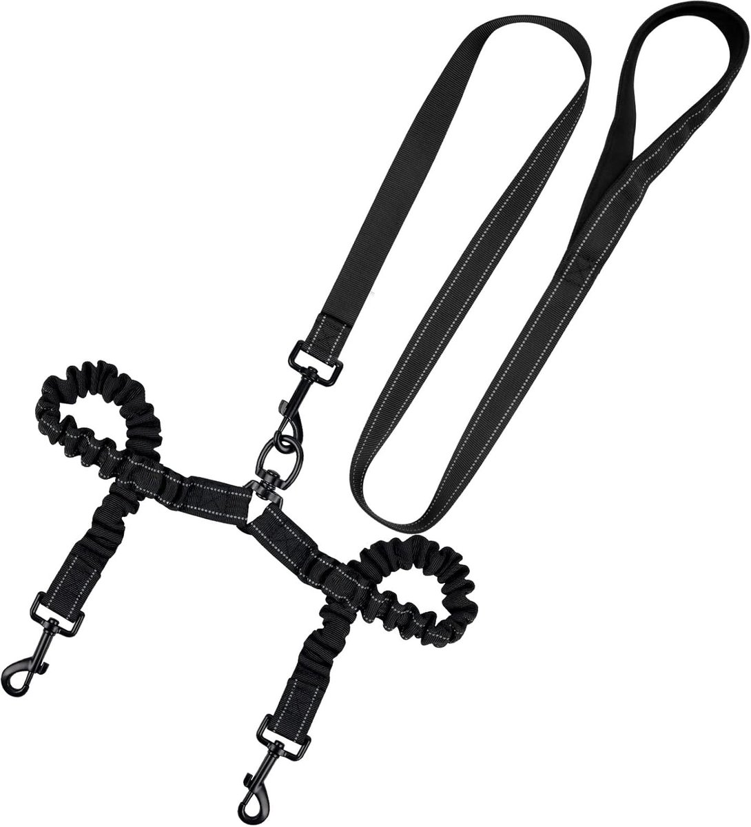 Dubbele hondenriem voor 2 honden met schokabsorberende bungee en reflecterende strip