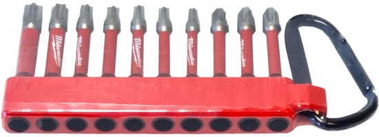 Milwaukee T-bitsset, 10 stuks in rode houder met karabijnhaak. Bits zijn glanzend metaal met rode schacht.