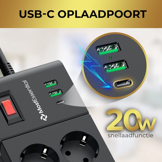 Zwarte stekkerdoos met 2 USB-poorten en 1 USB-C poort, met "USB-C OPLAADPOORT" en "20W snellaadfunctie".