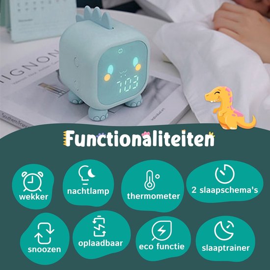 Entraîneur de sommeil - Réveil pour enfants - Réveil de sommeil - Lampe de nuit Enfants - Entraîneur de sommeil Dino - Rechargeable - Veilleuse Dino - Aide au sommeil - Vert - Omni Kids