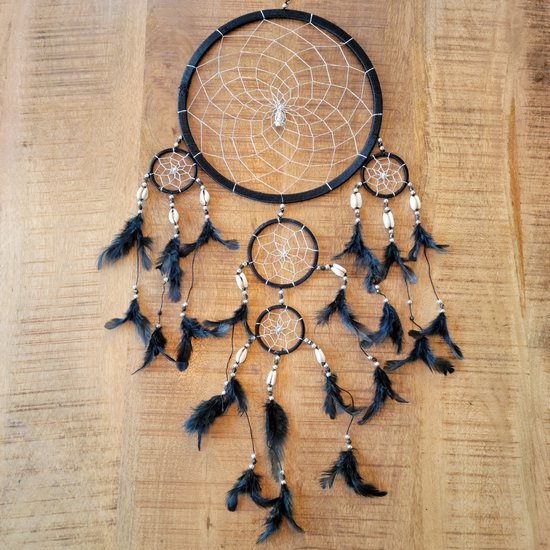 Dromenvanger Ganesha Dream Large - 27cm - Handgemaakt op Bali - Met Kauri schelpen - Zwart en Zilver - Veren - Dreamcatcher - Smith Premium®