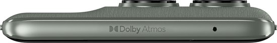 Onderkant van de grijze Motorola Edge 60 Pro smartphone met 'Dolby Atmos' logo en speakergrill.