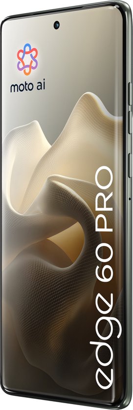 Voorkant van de grijze Motorola Edge 60 Pro smartphone met 'edge 60 PRO' tekst en moto ai logo.