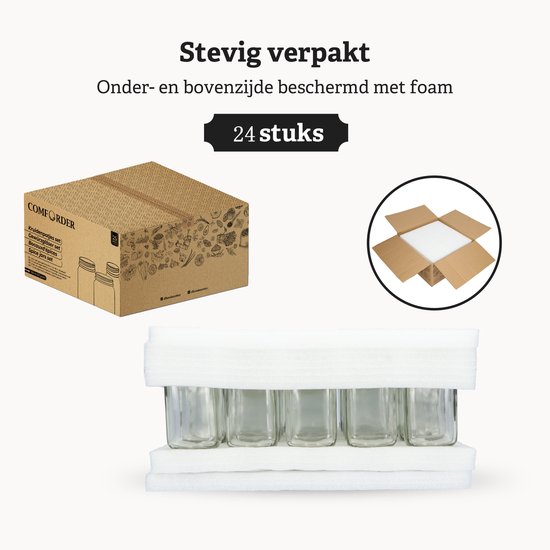 Verpakking van 24 glazen kruidenpotjes, stevig beschermd met schuim voor transport.