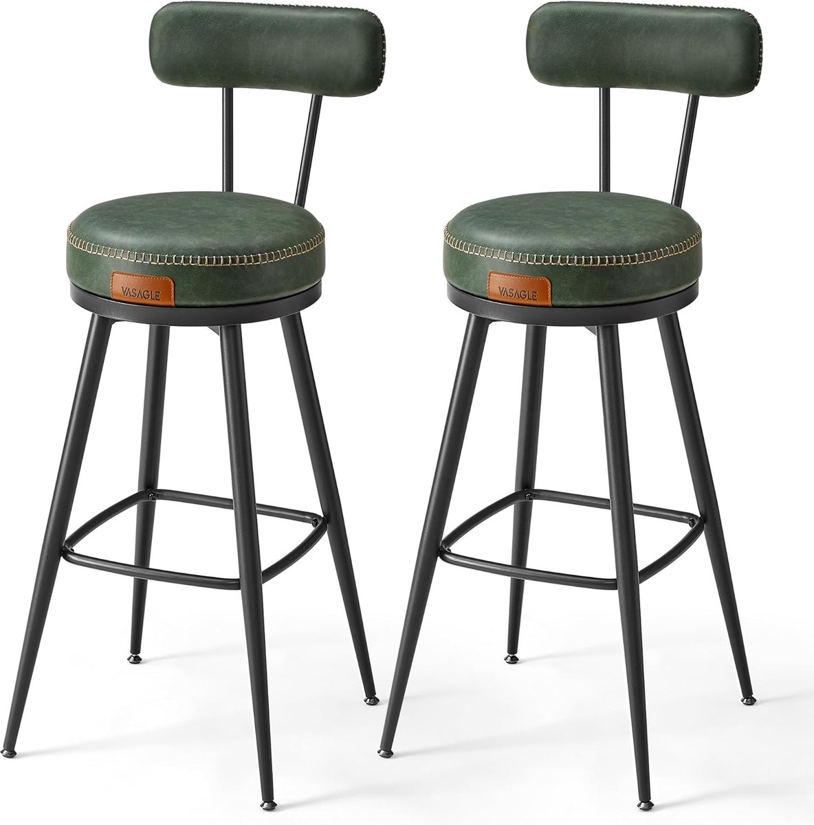 Furnstar - Barkruk set van 2 - 360° draaibare barkruk - Kruk met rugleuning voor bartafel - Kunstleer met naden - Mid-Century moderne stijl - 76 cm hoog - Keuken huisbar - Bosgroen
